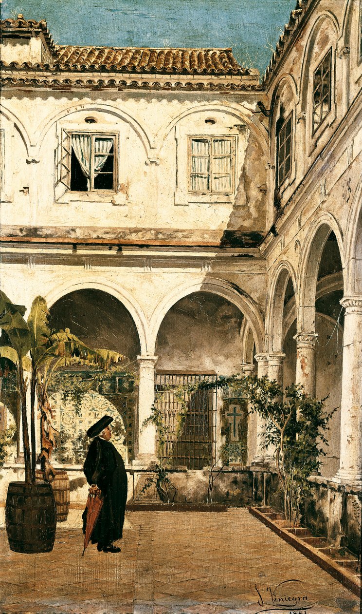 “" O pai Salabot no claustro do Mosteiro de São Francisco de Cádis (Cádis) "" Pintura de Salvador Viniegra y Lasso (1862-1915) 1881 Cádis. Museu de Cádiz. Espanha de Salvador Viniegra y Lasso de la Vega