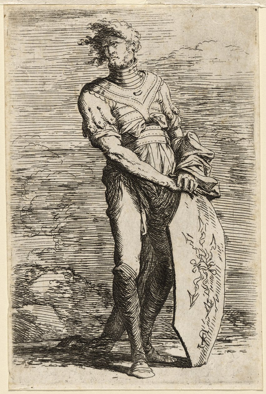Um Guerreiro Permanente Segurando um Escudo Octogonal Alongado, c.1656-57 (gravura sobre papel avermelhado) de Salvator Rosa