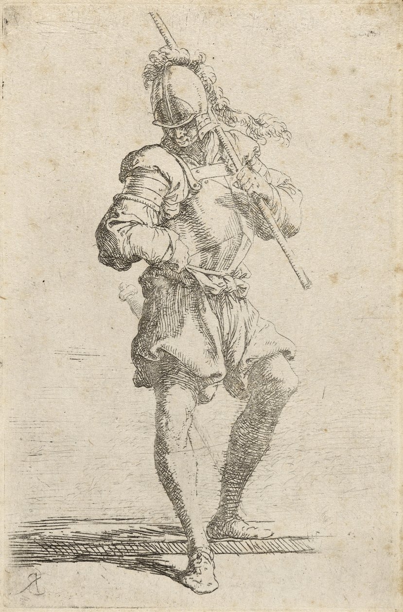 Um guerreiro, segurando um bastão por cima do ombro e pisando em uma borda baixa, c.1656-57 (gravura com ponta seca sobre papel) de Salvator Rosa