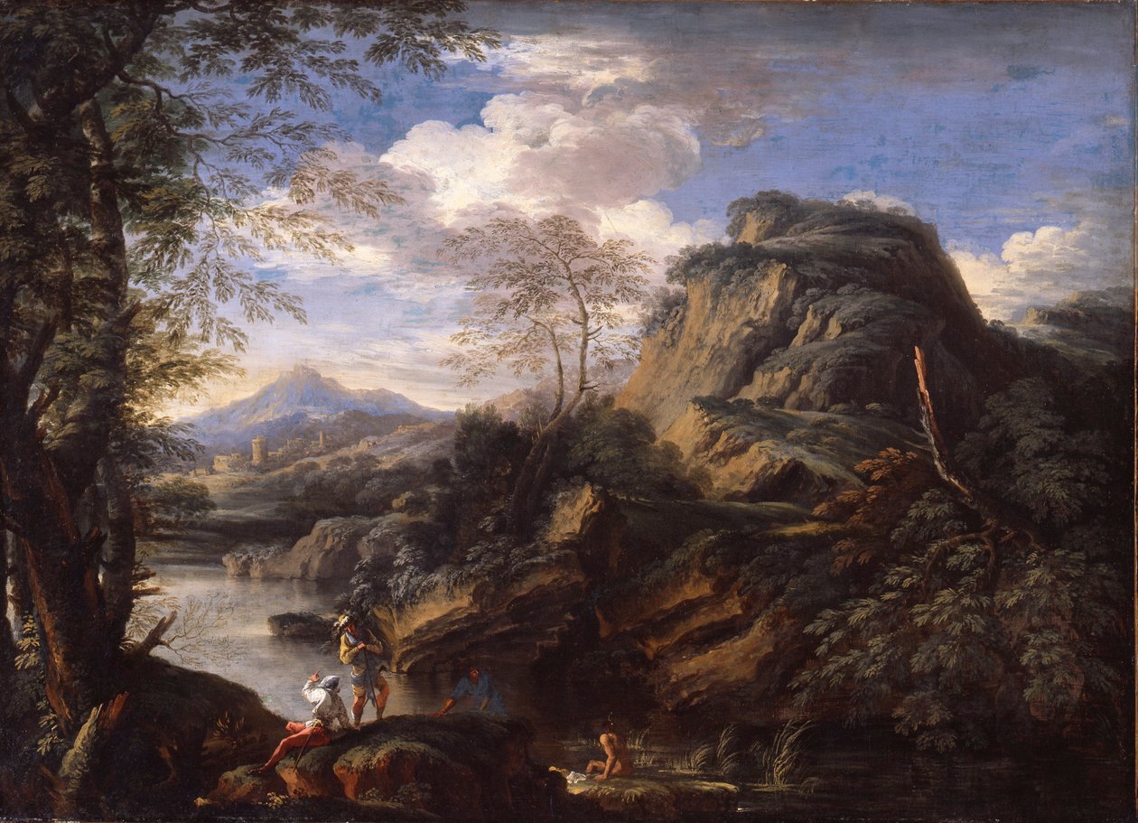 Paisagem de montanha com figuras e um homem tomando banho de Salvator Rosa