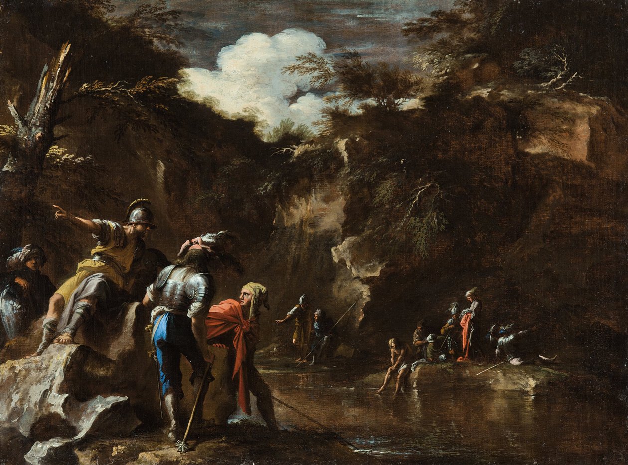 Cena da história grega - Thales fazendo o rio fluir dos dois lados do exército lídio de Salvator Rosa