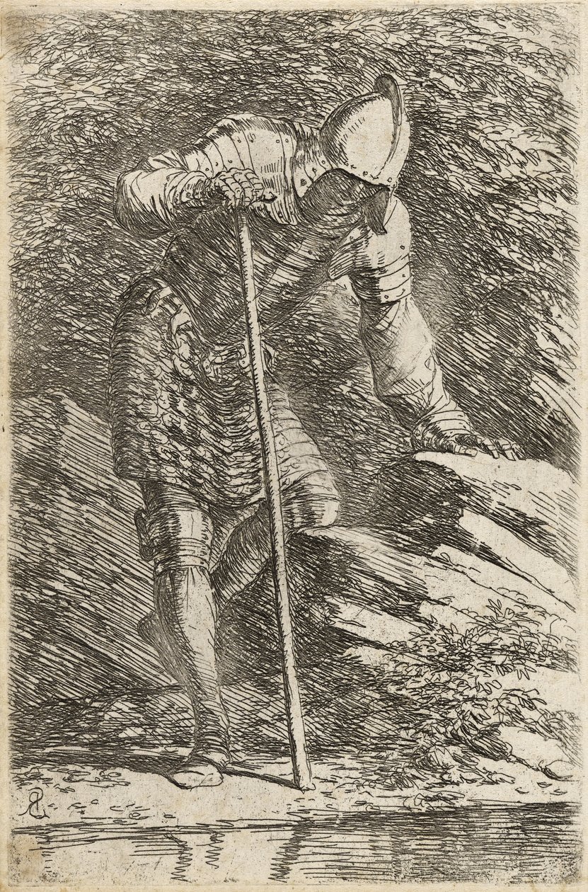 Soldado em Capacete e Armadura em Relação a um Riacho, c.1656-57 (gravura em papel amassado com ponta seca) de Salvator Rosa