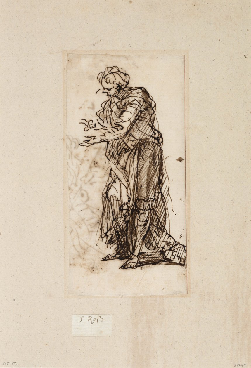 Figura Masculina em Pé (caneta e tinta com lavagem no papel) de Salvator Rosa