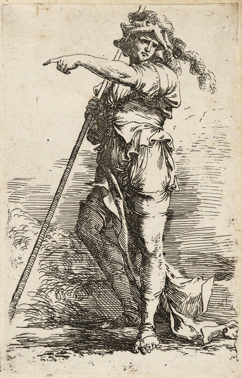 Standing Warrior, segurando uma longa equipe por cima do ombro e apontando, c.1656-57 (gravura com ponta seca sobre papel) de Salvator Rosa