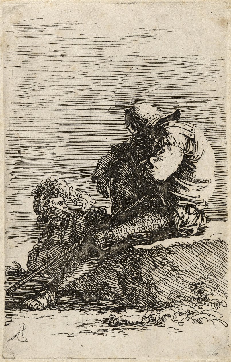 Dois soldados, um sentado em uma borda segurando uma bengala, c.1656-57 (gravura em papel) de Salvator Rosa