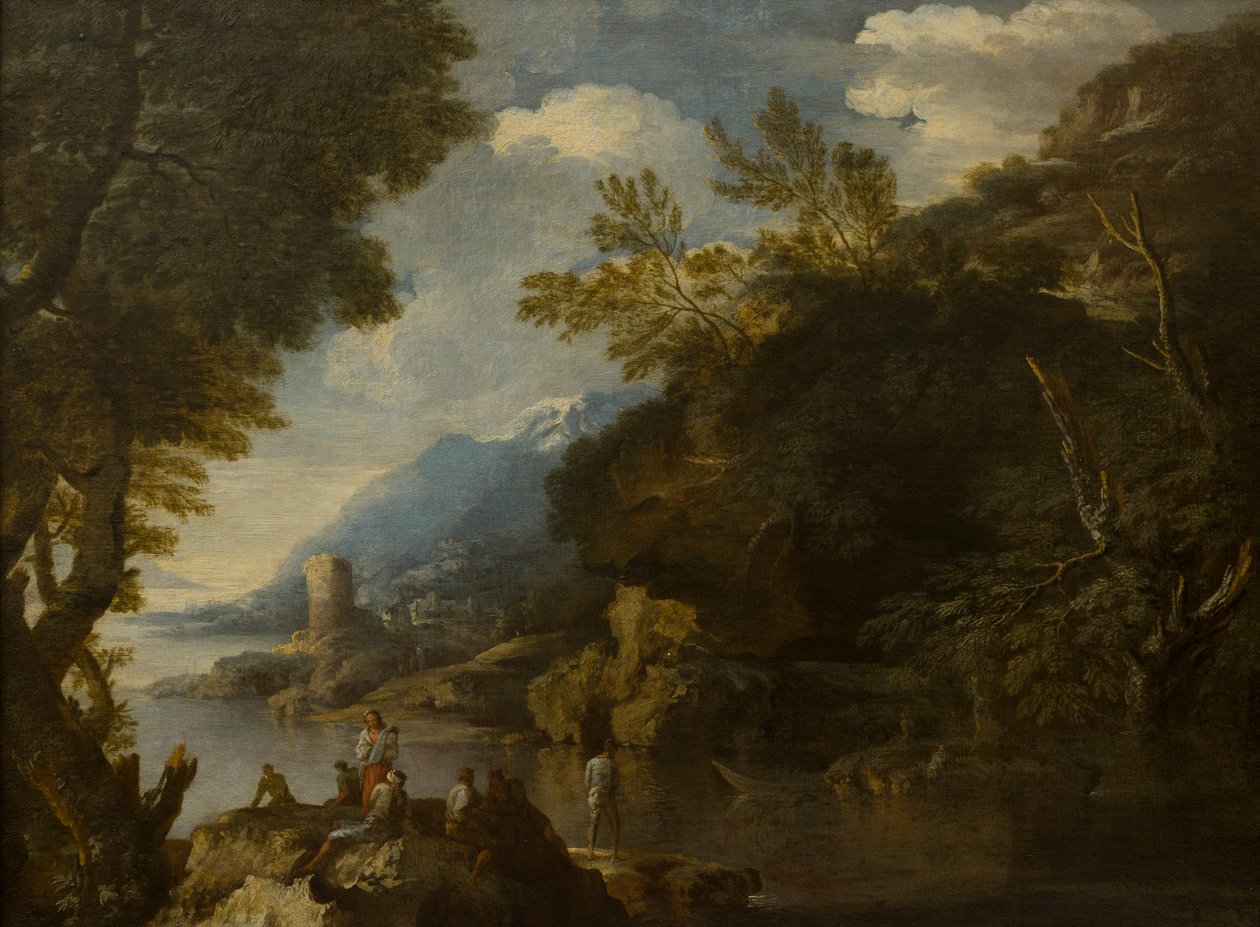 Paisagem com figuras e barcos, c.1635-73 (óleo sobre tela) de Salvator (follower of) Rosa