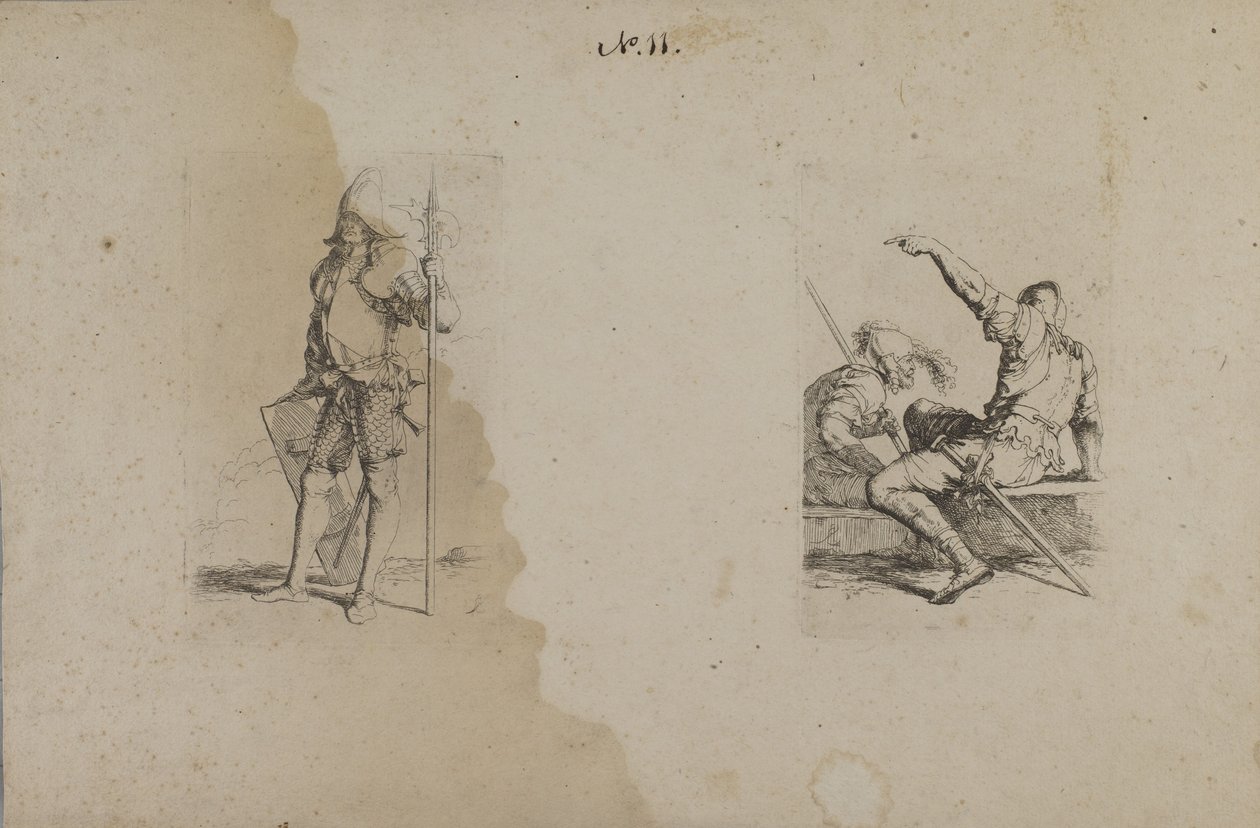 (Série Figurinhas) Homem de capacete com lança ornamentada/Ax de Salvator Rosa