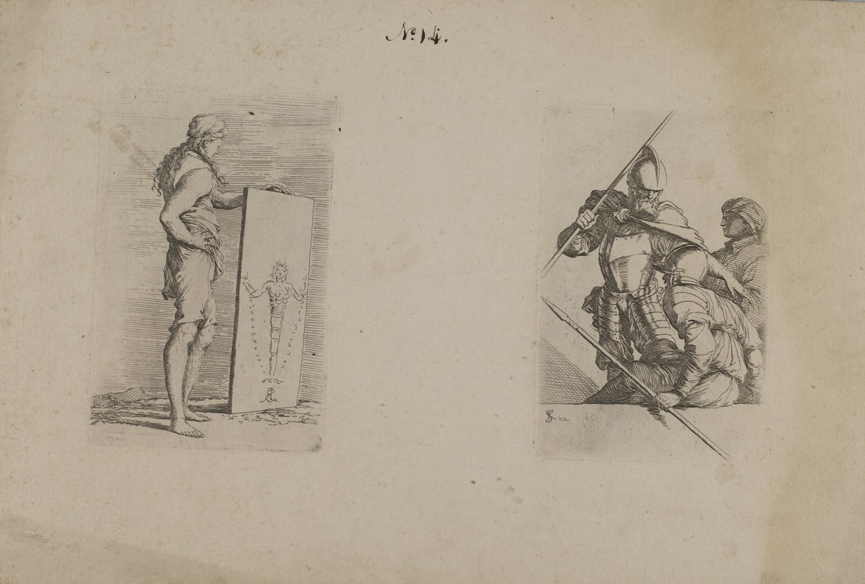 (Série de estatuetas) Homem de cabelo comprido com um cartaz na mão de Salvator Rosa