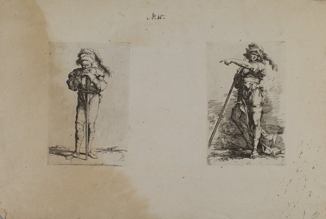 (Série de estatuetas) Velho com chapéu emplumado, mãos a descansar de Salvator Rosa