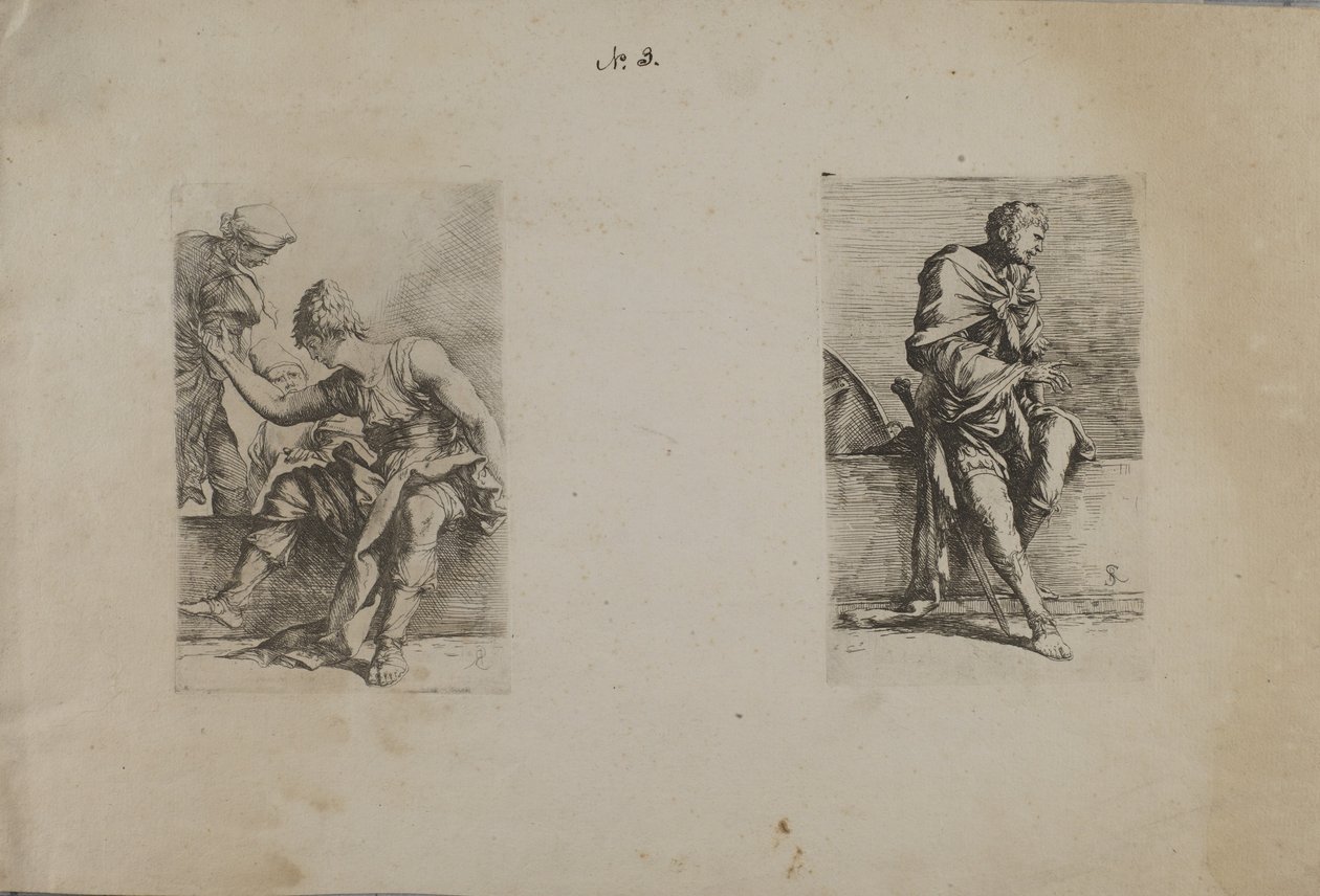(Série Figurinhas) Figura sentada com cabeça pontiaguda de Salvator Rosa