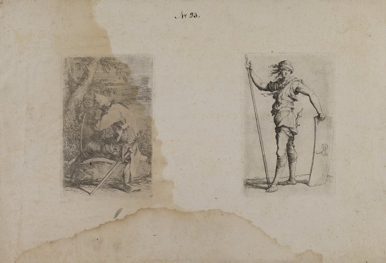 (Série Figurinhas) Homem sentado com capacete pontiagudo de Salvator Rosa