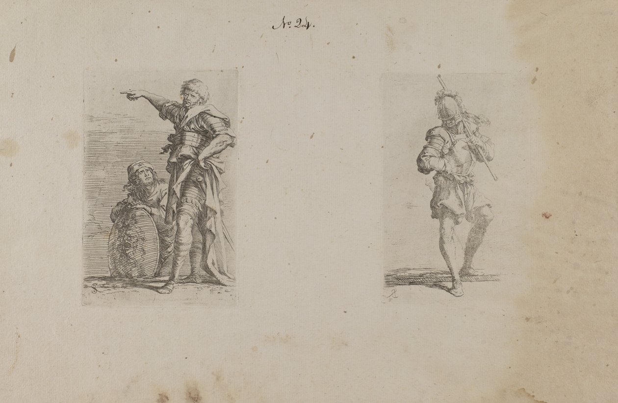 (Série Figurinhas) Dois homens, um apontando para a esquerda, outro ajoelhado de Salvator Rosa