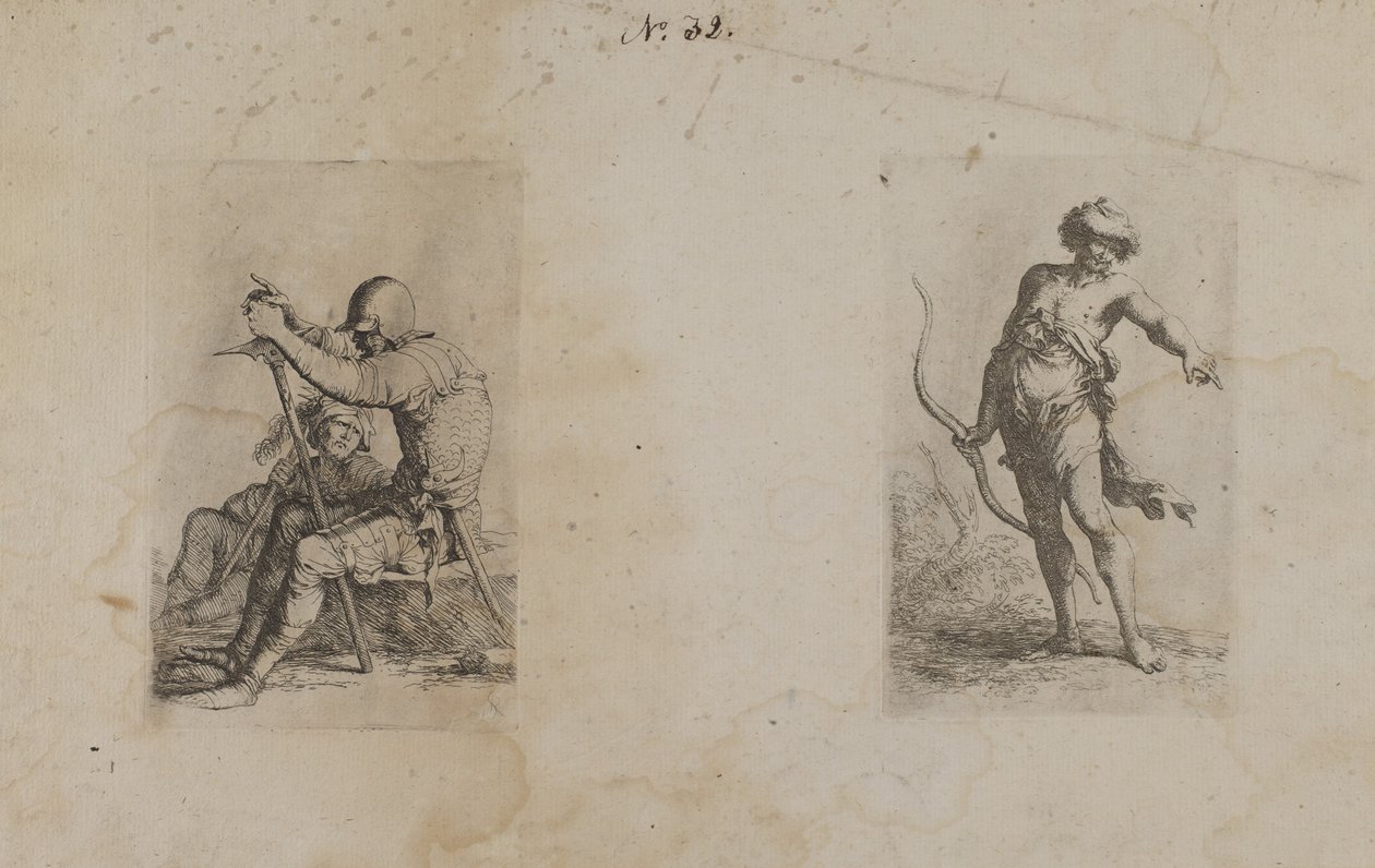 (Série de estatuetas) Dois homens sentados, cada um com uma arma de Salvator Rosa