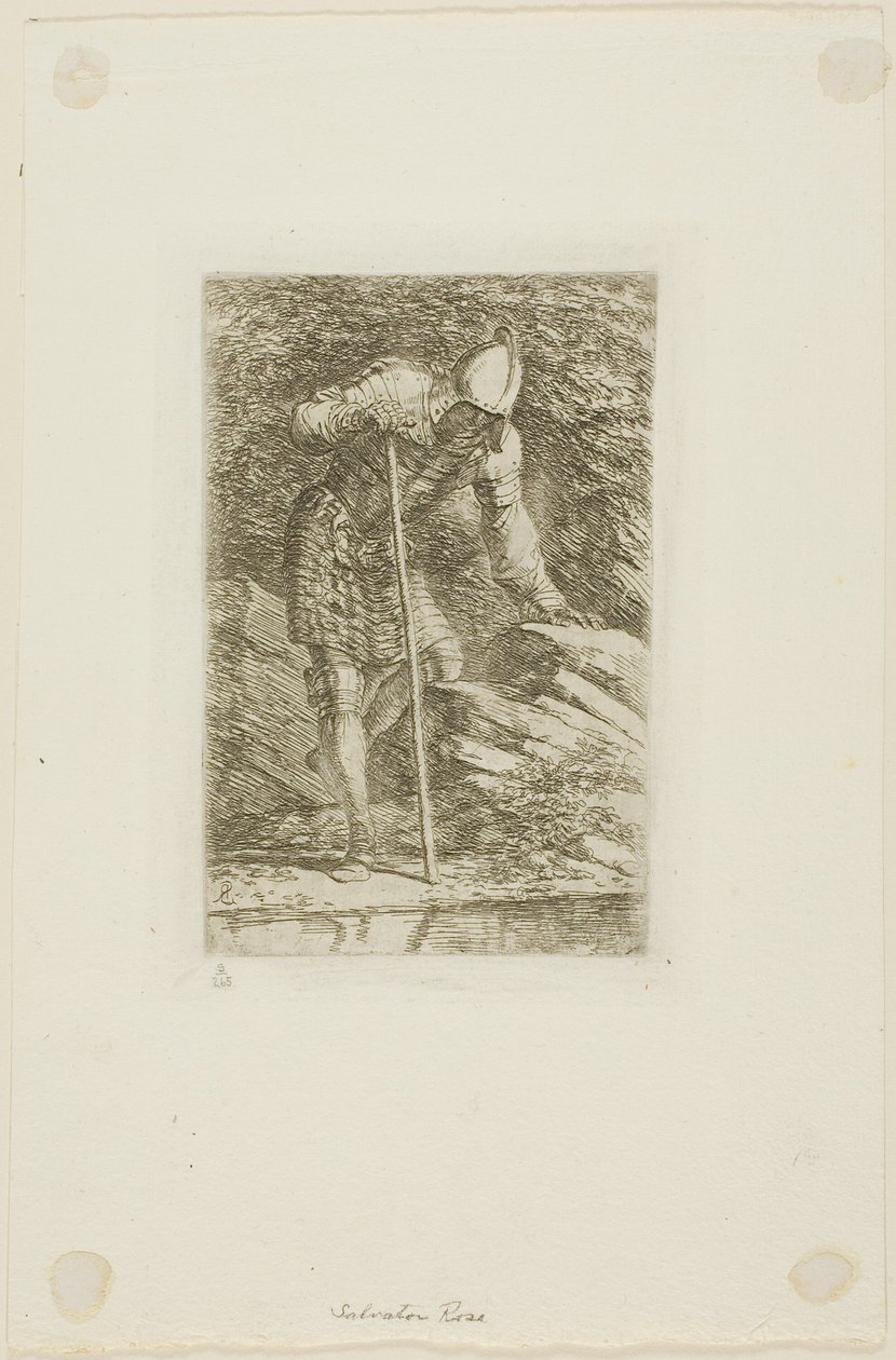 Um guerreiro em armadura completa em uma gruta de Salvator Rosa