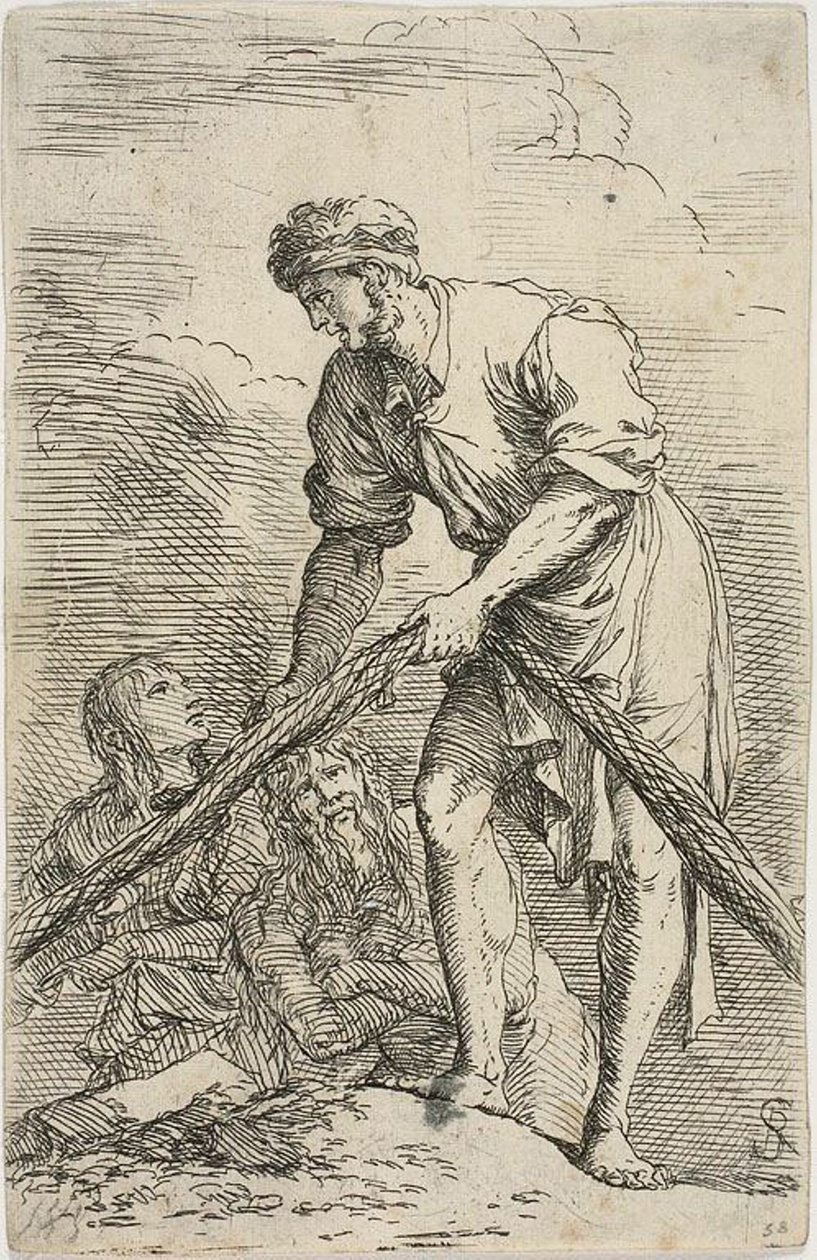 Um homem puxando uma rede, com duas figuras atrás dele, da série Figurine de Salvator Rosa