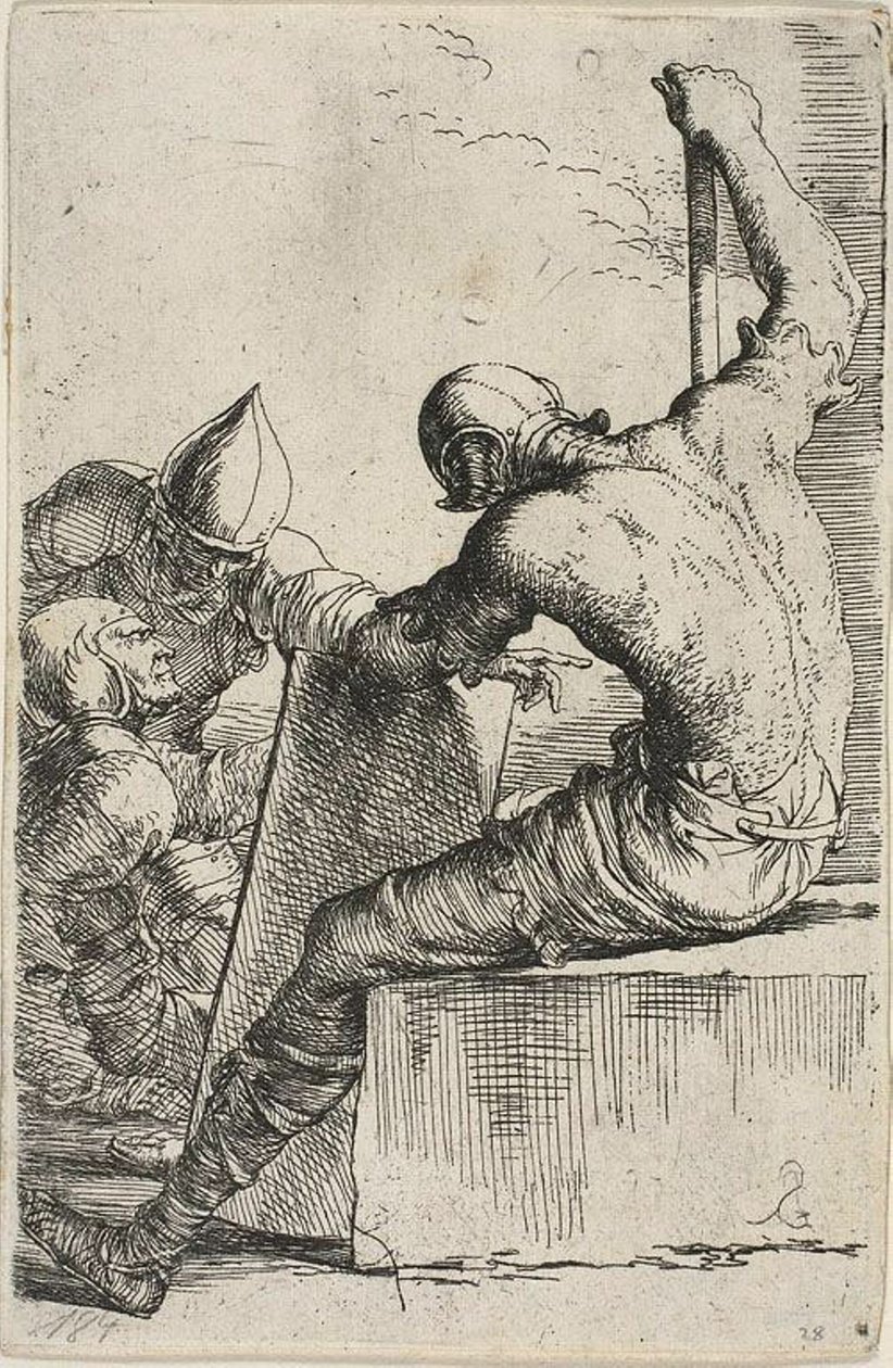 Um guerreiro, sentado em um bloco em primeiro plano, segura um escudo e um cajado e se vira para dois guerreiros atrás dele, da série Figurine de Salvator Rosa