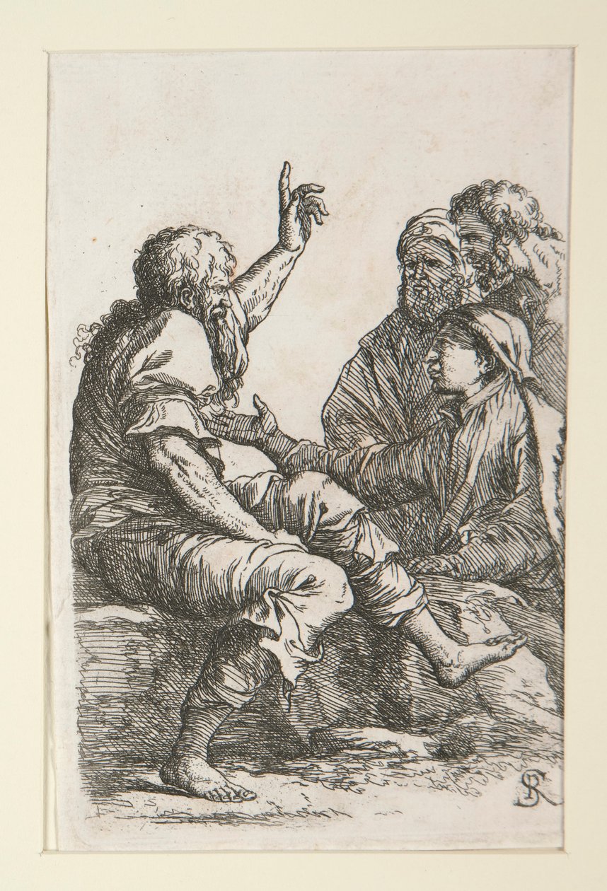 Um homem velho a falar com três homens de Salvator Rosa