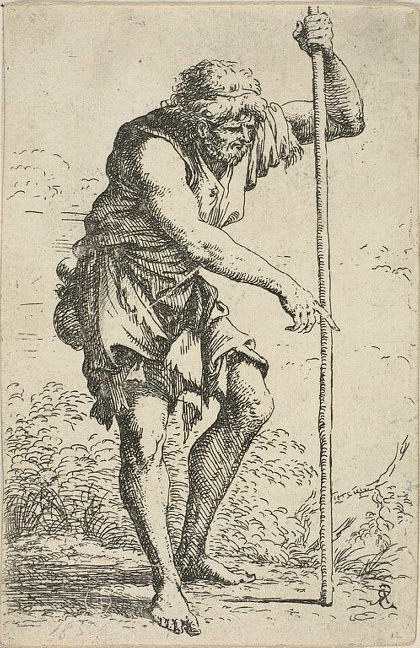 Um homem velho e esfarrapado com um cajado e um chão no quadril, from Figurina de Salvator Rosa