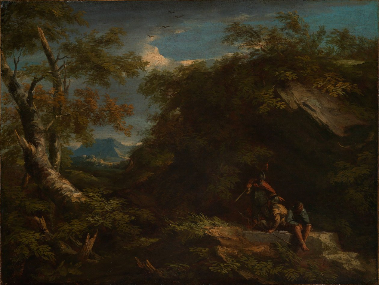 Paisagem florestal montanhosa com guerreiros em repouso de Salvator Rosa