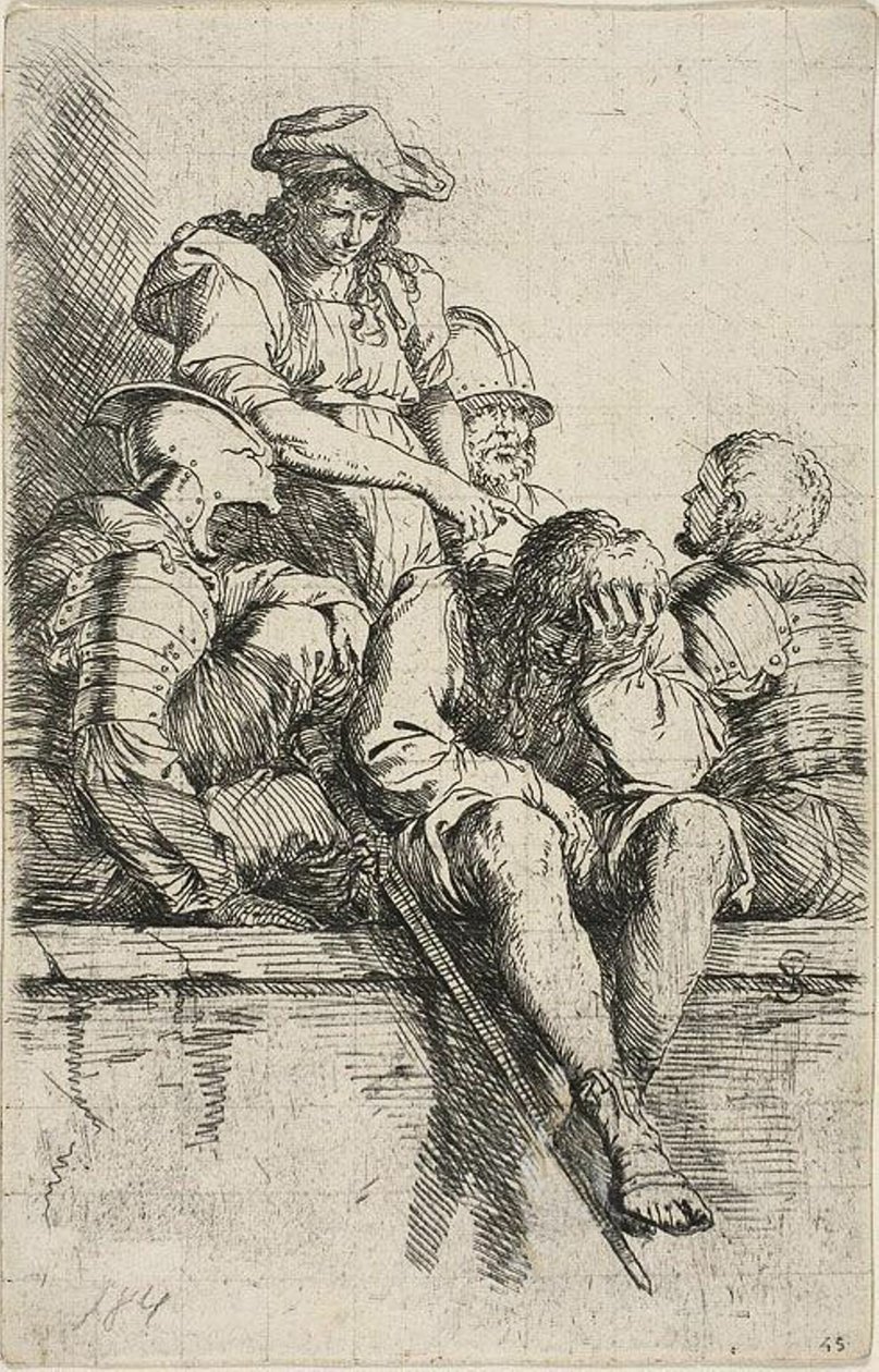 Quatro guerreiros e um jovem de pé, que aponta para um deles, da série Figurine de Salvator Rosa