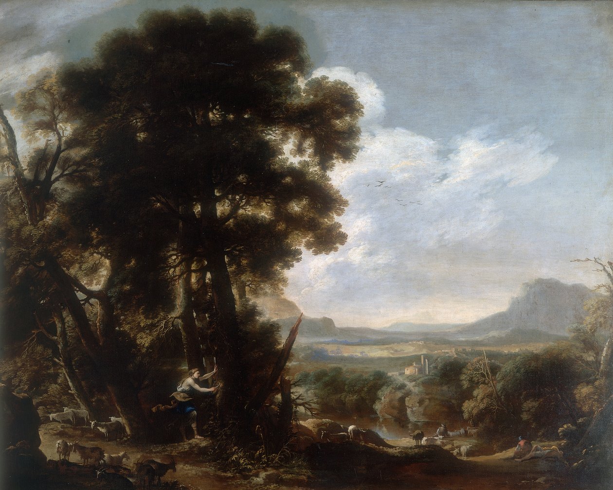 Hermina esculpe o nome Tancredi em uma árvore, obra de Salvatore Rosa, conservada na Galleria Estense em Modena de Salvator Rosa
