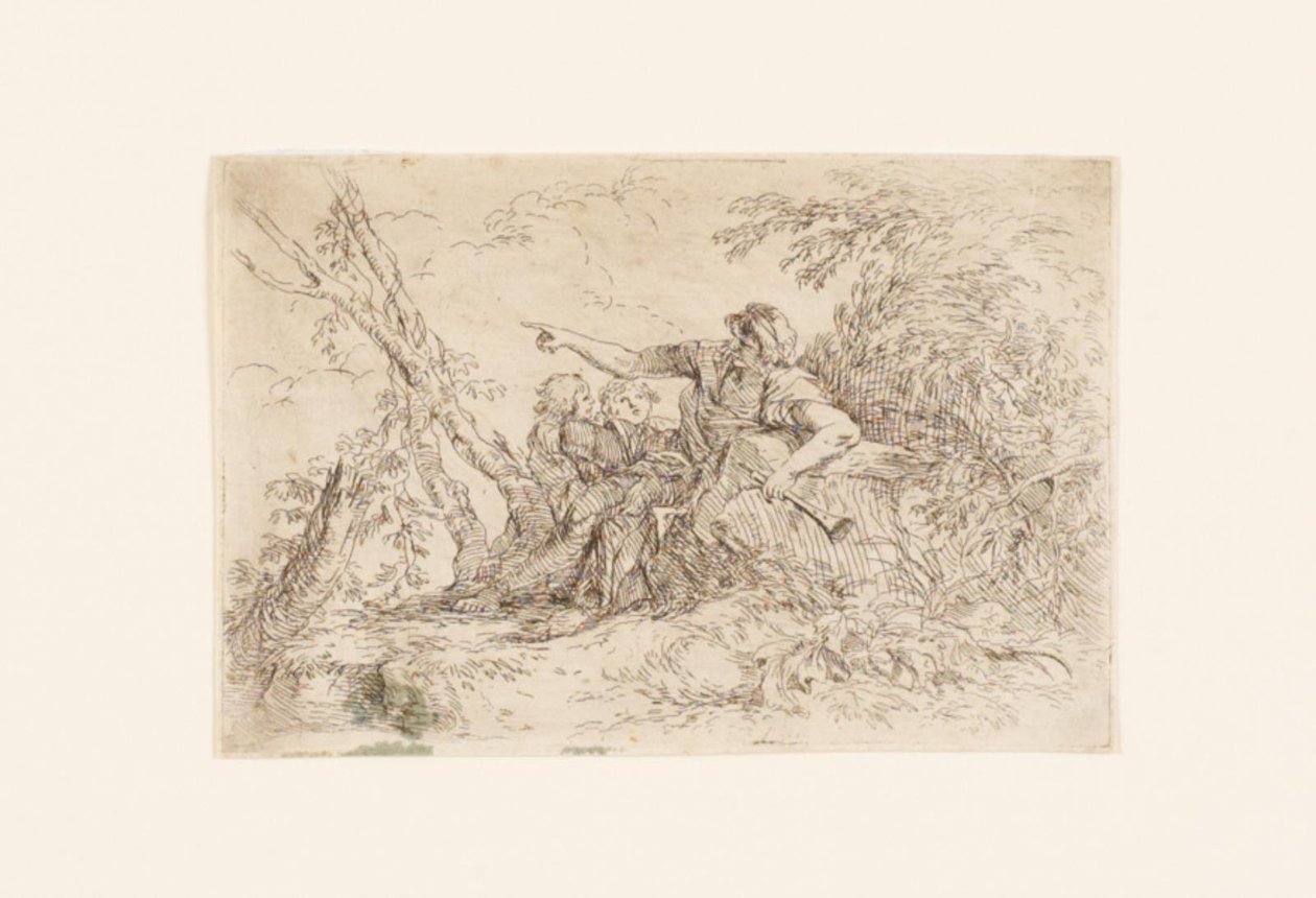 Pastor e duas crianças em uma paisagem de Salvator Rosa