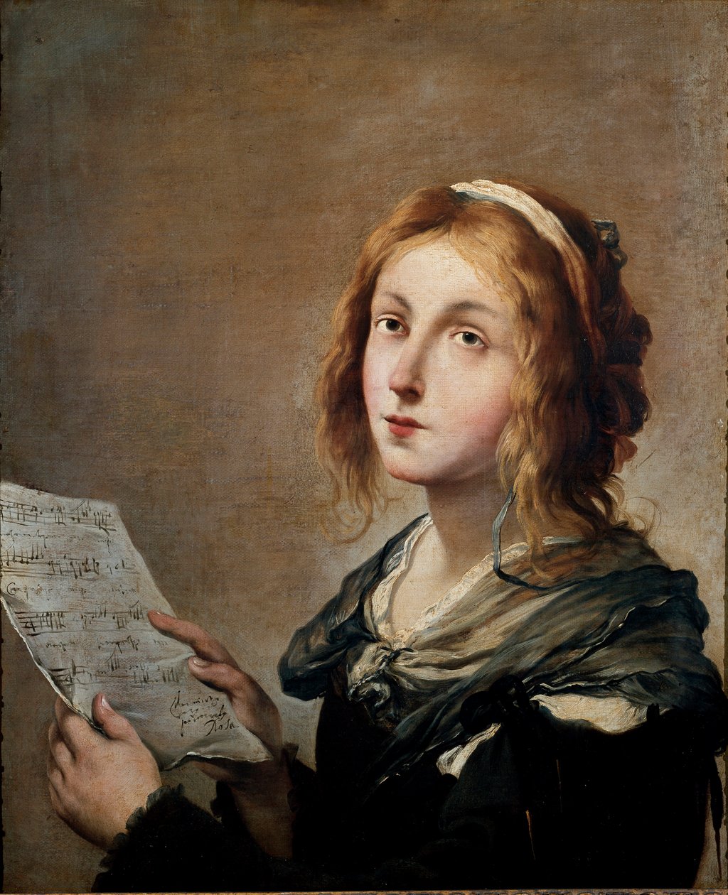 Música Jovem mulher de condição social muito modesta que encarna a música, com uma partitura na mão. Pintura de Salvator de Salvator Rosa