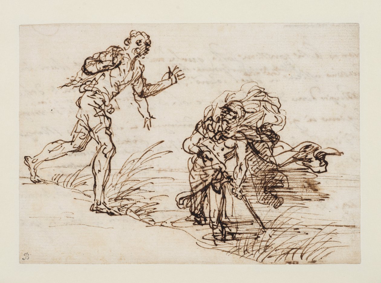 Mercúrio e o Lenhador Desonesto (frente), c.1655-1659 (caneta e tinta castanha sobre papel vegetal) de Salvator Rosa
