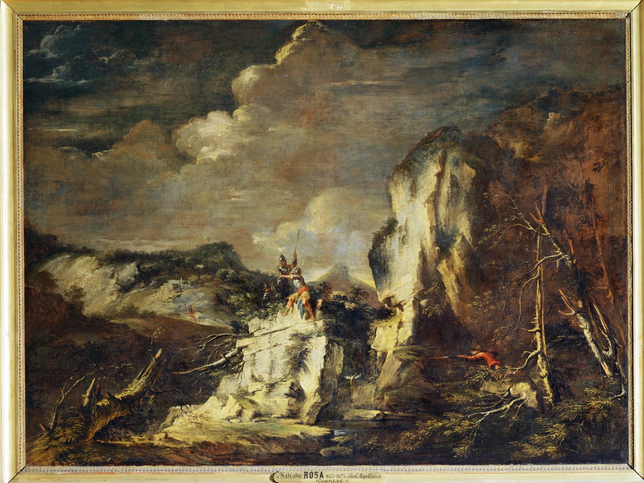 Paisagem rochosa com um caçador e guerreiros - Uma paisagem rochosa ... de Salvator Rosa