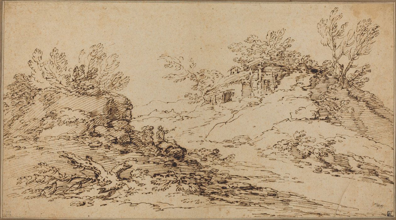 Paisagem rochosa com casa rústica de Salvator Rosa