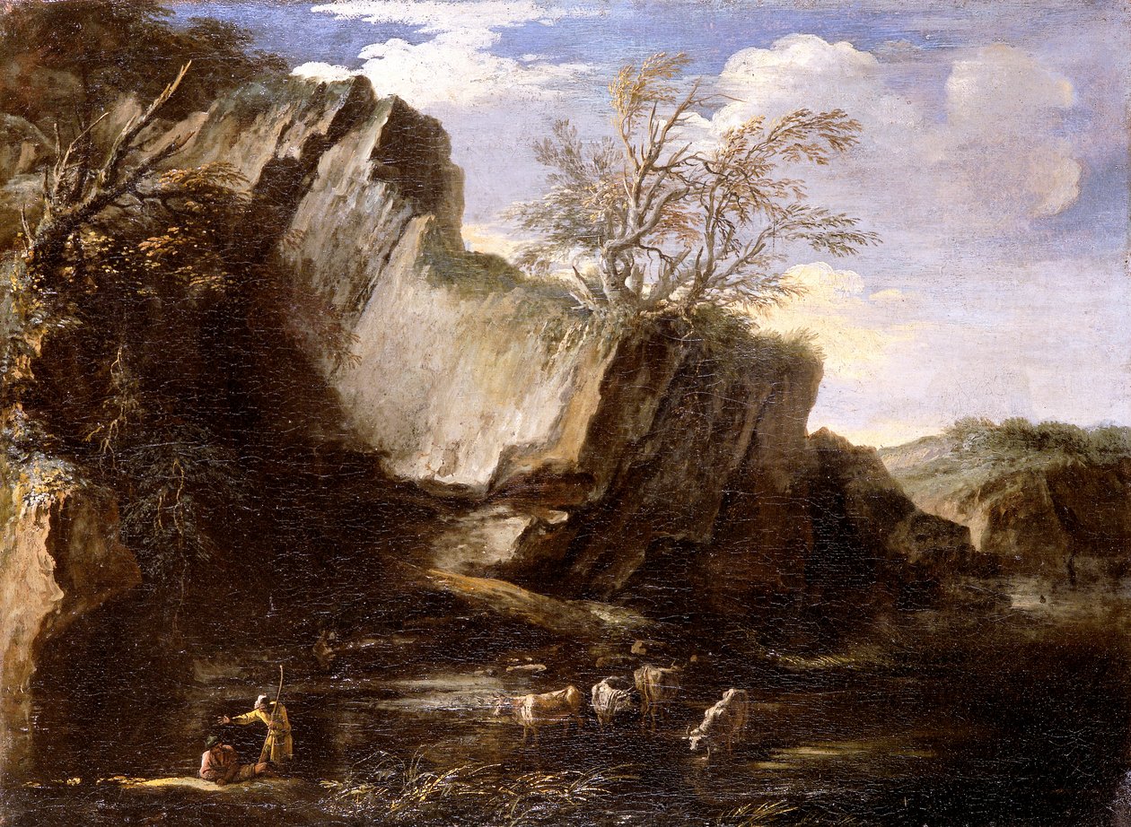"Paisagem rochosa com pastores e gado", 1625-1673 de Salvator Rosa