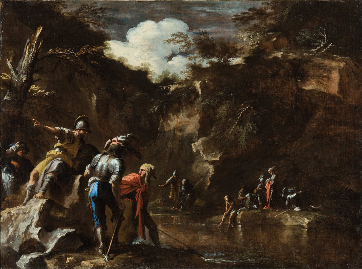 Cena da história grega: Tales faz o rio correr de ambos os lados do exército lídio de Salvator Rosa