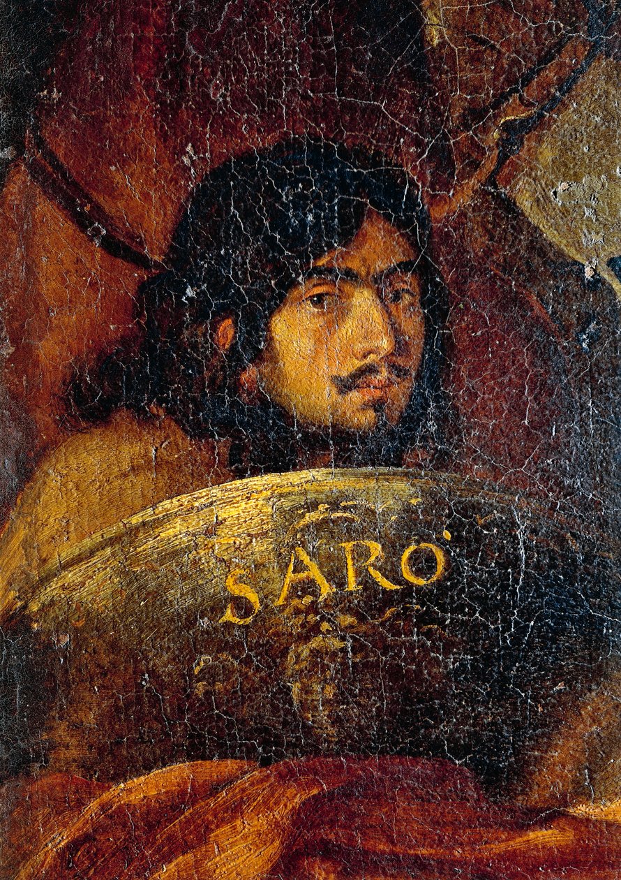 Auto-retrato do pintor, detalhe da Batalha entre cristãos e turcos, de Salvator Rosa (1613-1673), óleo sobre tela, 234x350 cm de Salvator Rosa