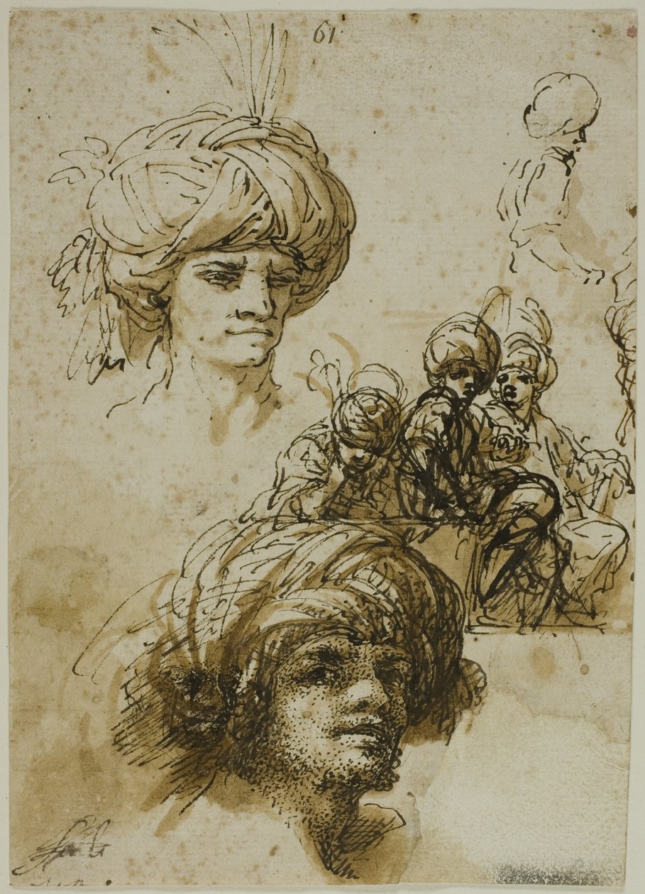 Esboços de homens turbinados (anverso); Fragmento de uma figura e esboços de ornamentos arquitectónicos folheados (verso) de Salvator Rosa