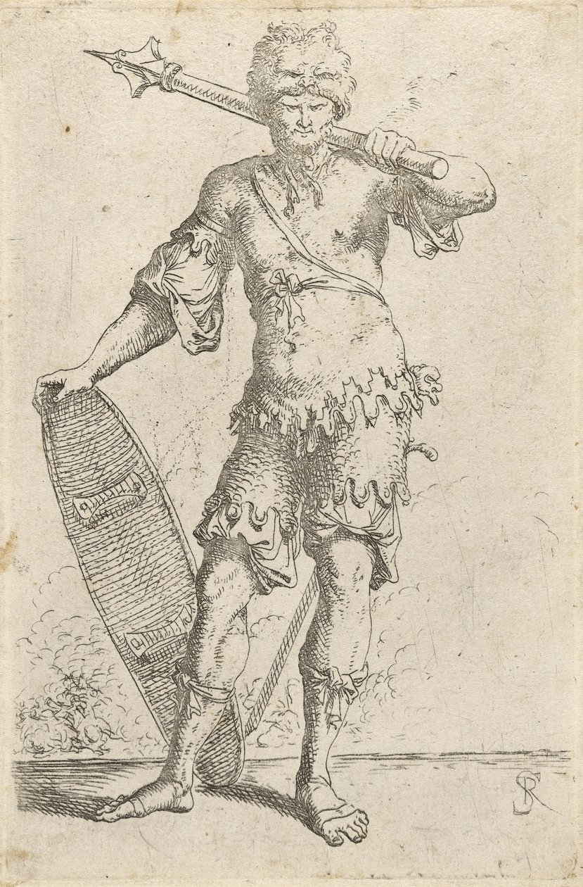 Guerreiro exótico permanente vestindo um boné de cabeça de leão, segurando um maça e escudo, c. 1656-57 (gravura em papel de Salvator Rosa