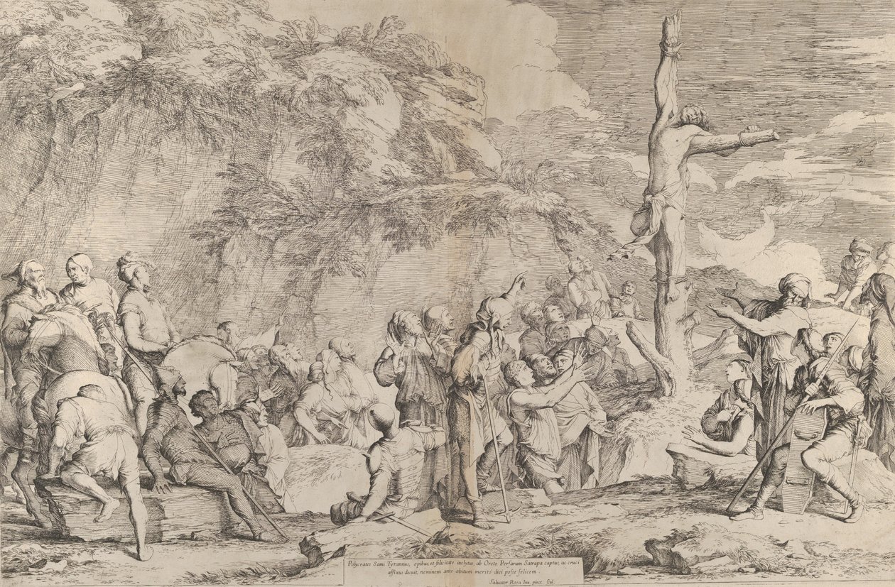 A crucificação de Polícrates, o tirano, após sua captura pelos persas, ca. 1662. de Salvator Rosa