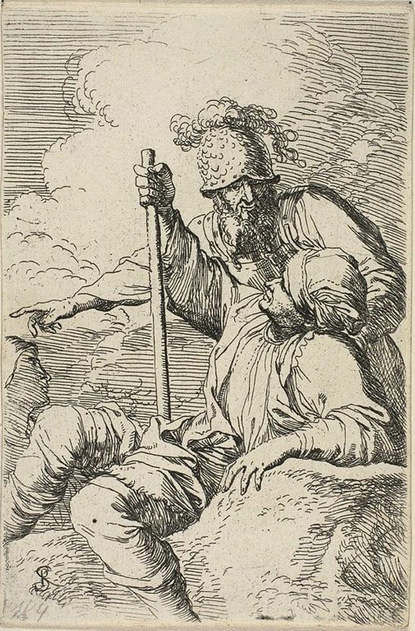 Três Guerreiros, um sentado em uma rocha em primeiro plano segurando um cajado; o segundo de pé atrás dele e apontando, o terceiro visto como um rosto atrás deles, da série Figurine de Salvator Rosa