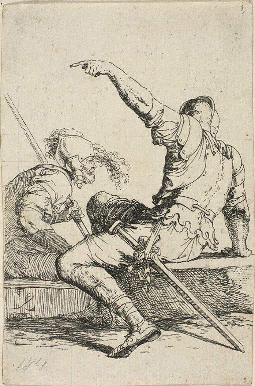 Dois guerreiros sentados em rochas baixas de Salvator Rosa