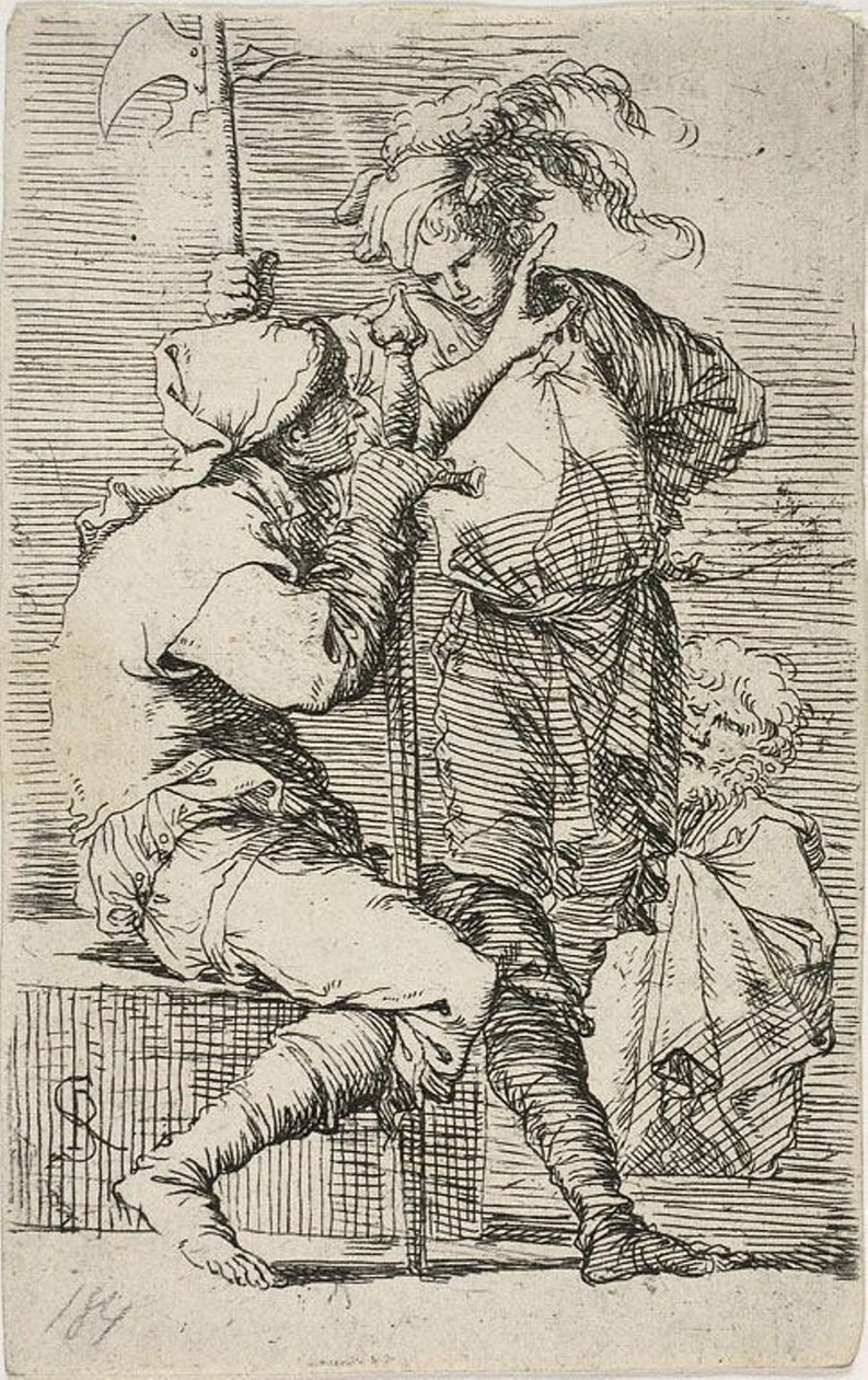 Dois guerreiros, um segurando uma espada, o outro uma alabarda; um velho barbudo atrás deles, de Figurine de Salvator Rosa
