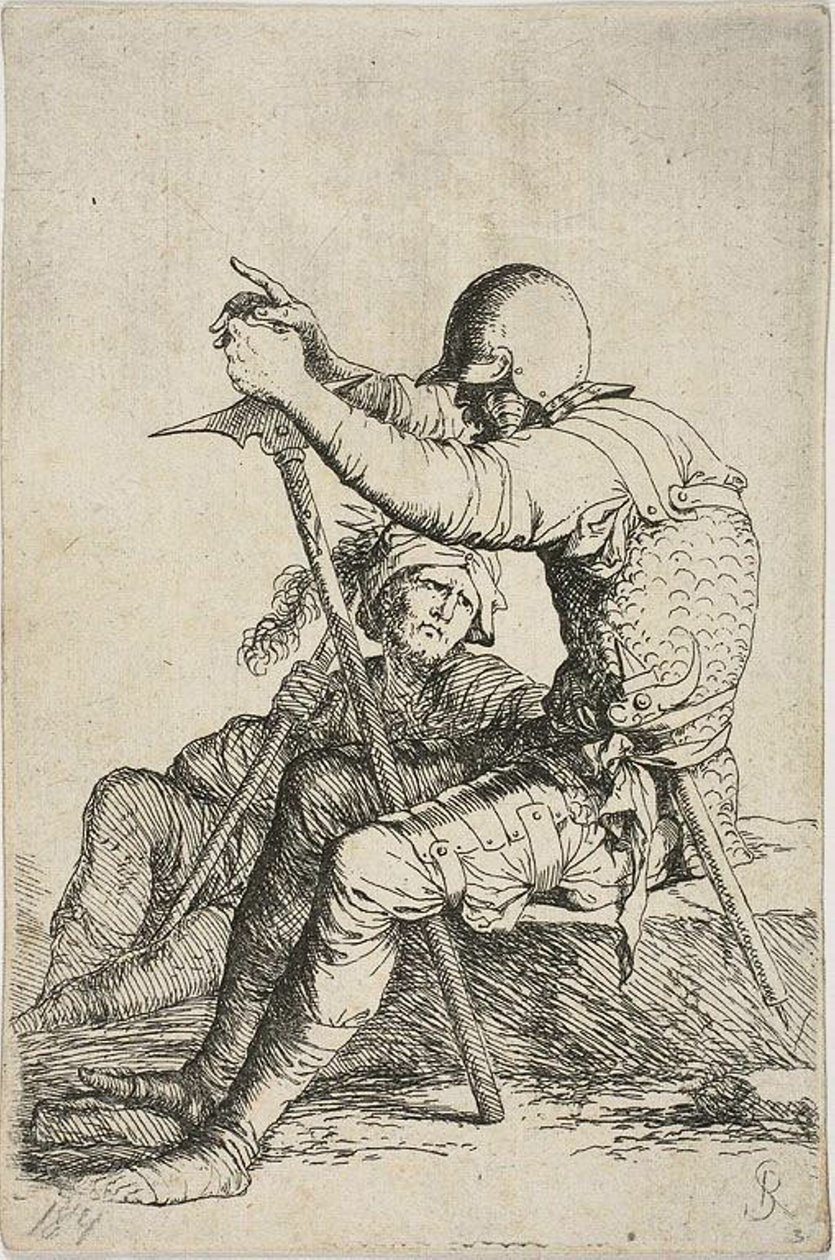 Dois guerreiros, um sentado em uma rocha baixa em primeiro plano e segurando um martelo de guerra; a outra figura sentada no chão atrás dele, segurando uma maça em seu ombro direito e olhando para a figura em primeiro plano, da série Figurine de Salvator Rosa