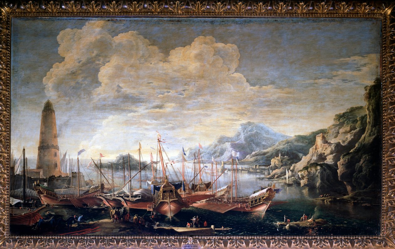 Vista de um porto - óleo sobre tela de Salvator Rosa