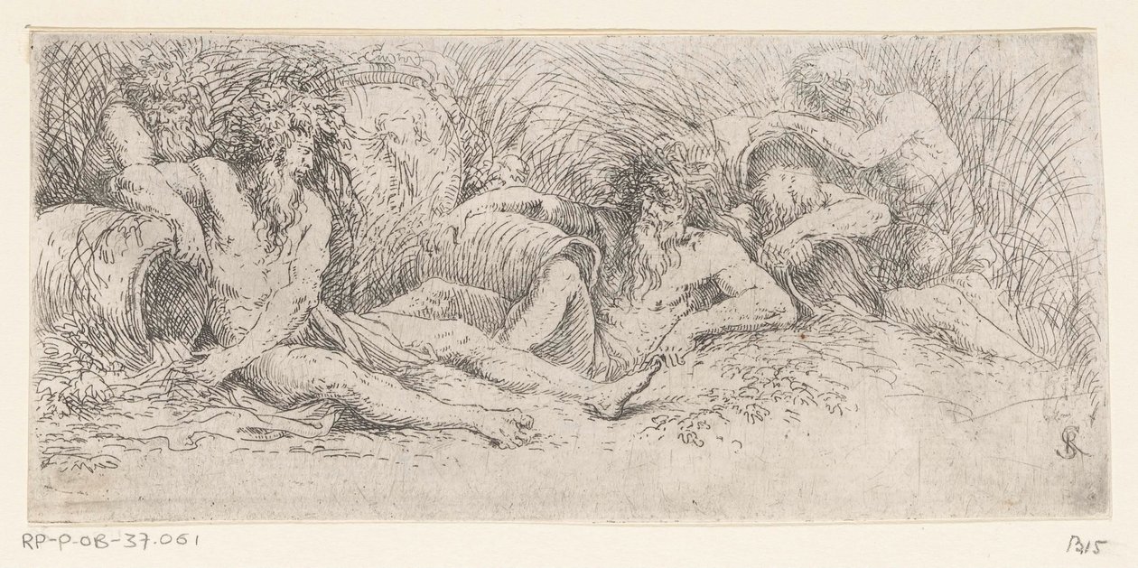Cinco deuses do rio com urnas
Tritões e deuses do rio (título da série) de Salvator Rosa