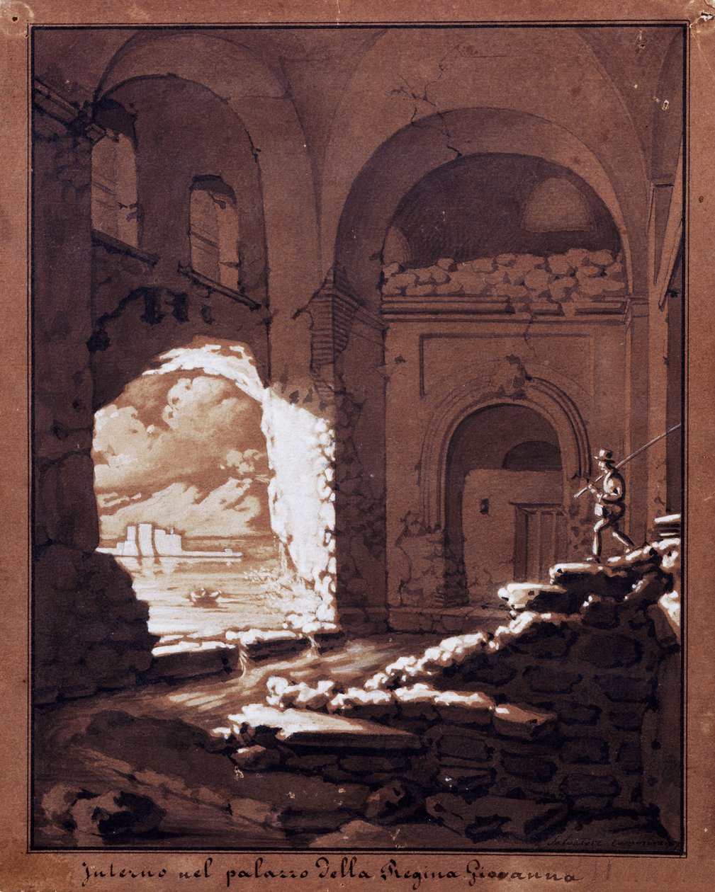 Interior do Palácio da Rainha Giovanna (lápis, tinta lavada e tempera branca) de Salvatore Cammarano