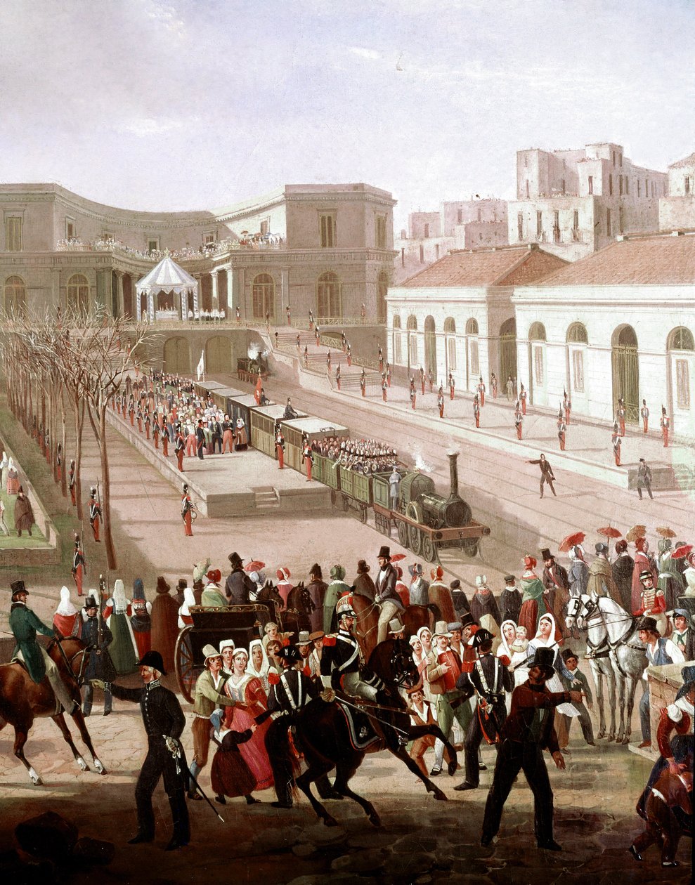 Inauguração da linha ferroviária entre Nápoles e Portici em 1839 na presença do Rei Fernando II (Inauguração da linha ferroviária entre Nápoles e Portici em 1839) Detalhe - Pintura de Salvatore Fergola (1799-1877) Museo Nazionale di San Martino Nap de Salvatore Fergola