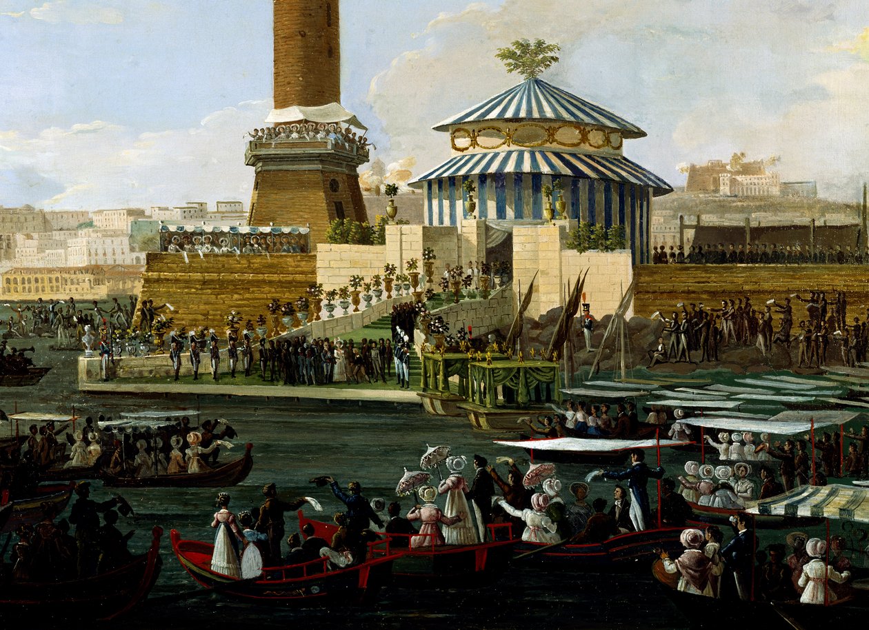 Lançamento da pedra fundamental da capela dedicada à Virgem Imaculada em agradecimento pela estreita fuga do Rei ao ataque de Agesilao Milano, por Salvatore Fergola (1799-1874), Itália de Salvatore Fergola