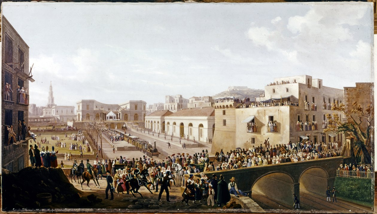 CAMINHO-DE-FERRO: Inauguração do primeiro caminho de ferro do Vesúvio, Napoli-Portici. 3 de outubro de 1839 (óleo sobre tela) de Salvatore Fergola