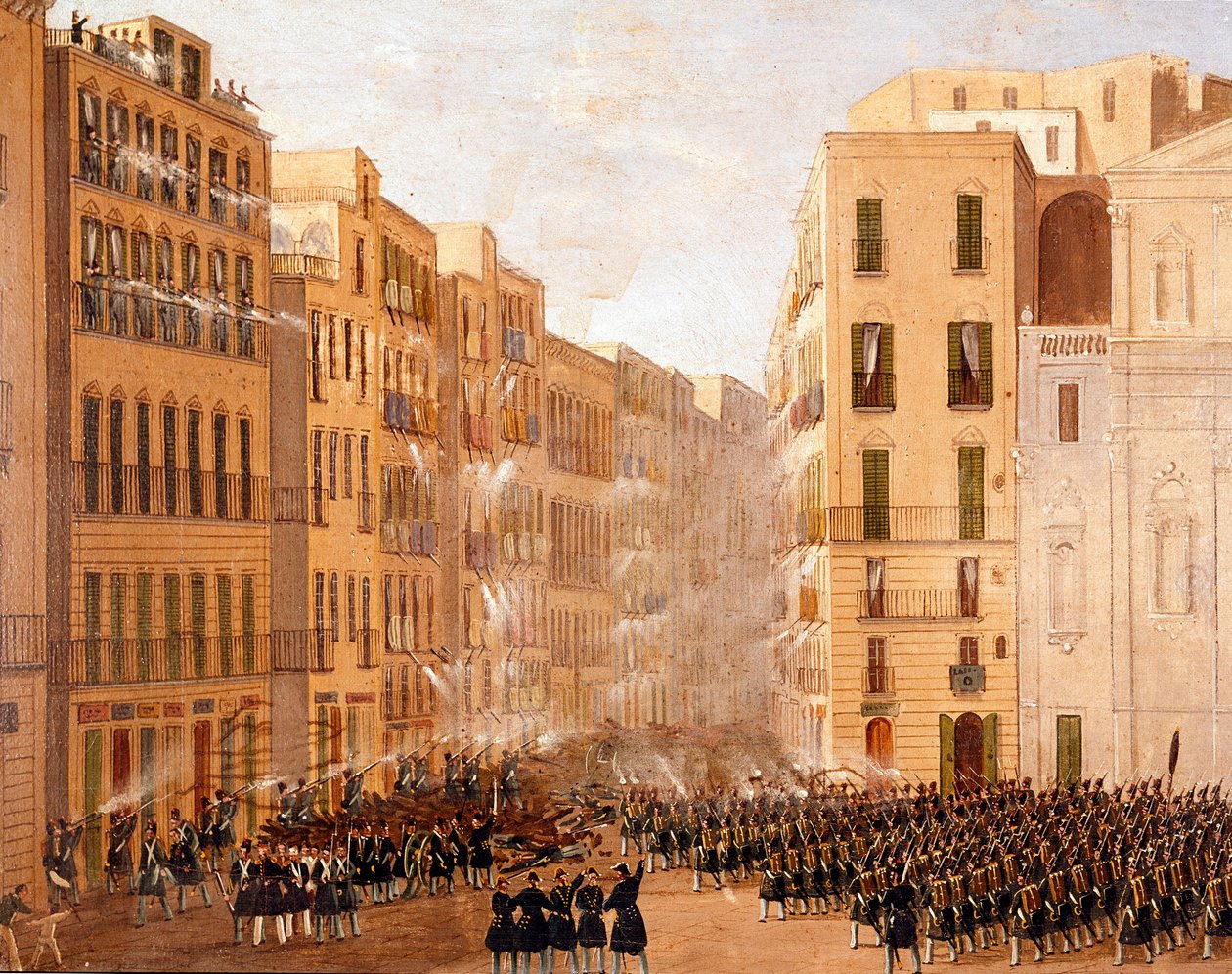 O exército Bourbon reagiu contra as insurreições em Nápoles em Maio de 1848 Detalhe. Pintura de Salvatore Fergola (1799-1877) Nápoles, Museo Nazionale di San Martino de Salvatore Fergola