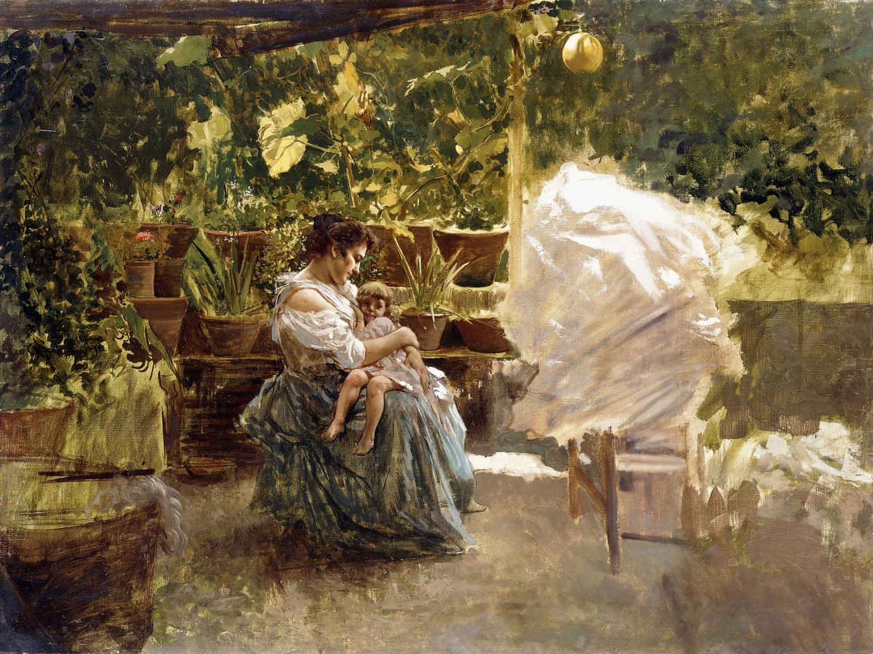 Uma mãe com o seu filho numa varanda (óleo sobre tela) de Salvatore Postiglione