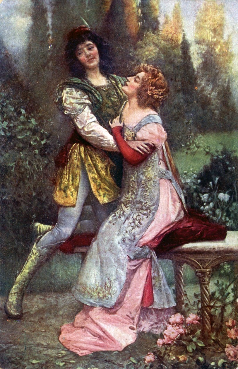 Literatura. Francesca da Rimini e Paolo Malatesta. Ilustração inspirada por S. Postiglione in: The Divine Comedy, de Dante Alighieri, República Checa, c.1910 (cartão postal) de Salvatore Postiglione