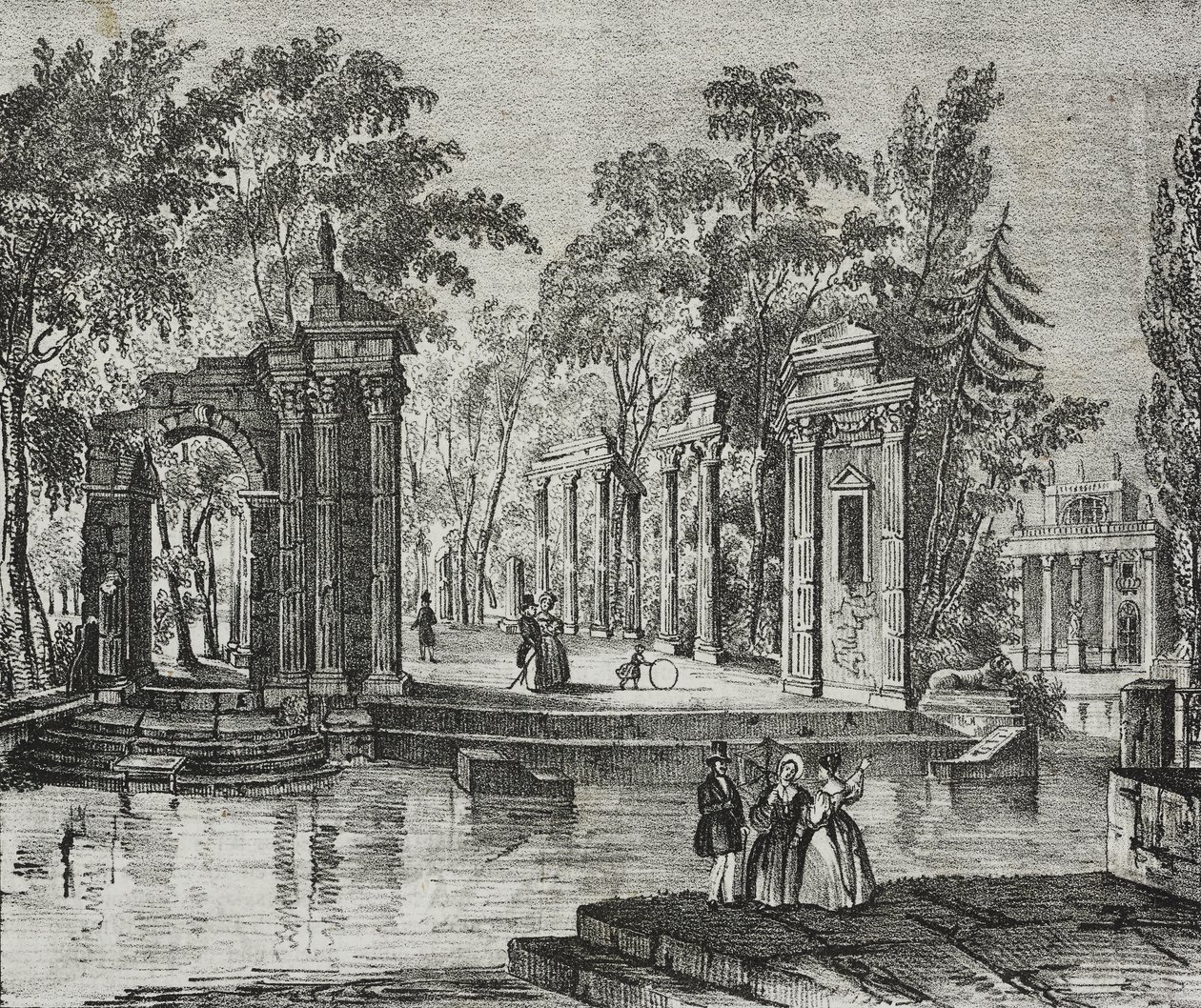 Anfiteatro na ilha de Lazienki Park, Varsóvia, Polónia, litografia de Salvatore Puglia de Poliorama Pittoresco, n 51, 30 de Julho de Salvatore Puglia
